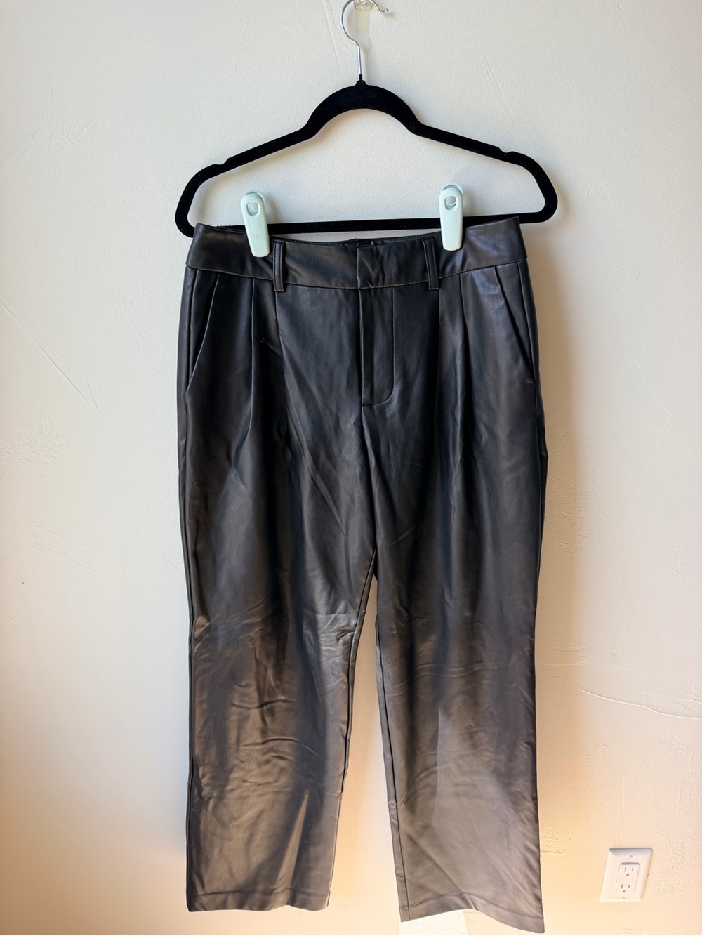 Calvin Klein Black Faux Leather Pleated Trousers